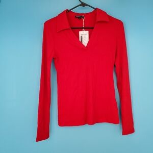NEW Meetrendi Top Size Small Red Ribbed V-Neck